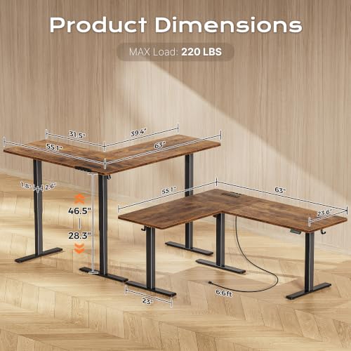 63 x 55 Inch L Shaped Standing Desk with Power Outlets, view 4