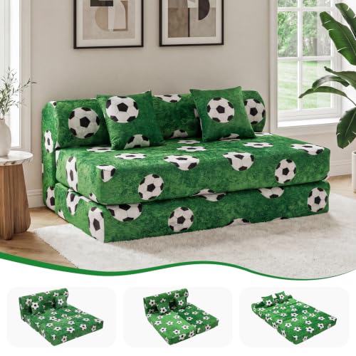 59" Convertible Sofa Bed with High Backrest & Washable Cover, Compression Boneless Couch in a Box, Sectional Loveseat Floor Sleeper Sofa for Bedroom, Living Room, World Cup, Football Green