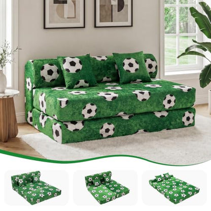59" Convertible Sofa Bed with High Backrest & Washable Cover, Compression Boneless Couch in a Box, Sectional Loveseat Floor Sleeper Sofa for Bedroom, Living Room, World Cup, Football Green