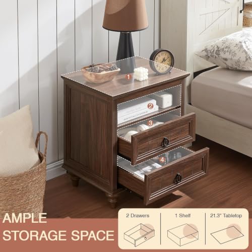 Farmhouse Nightstand with Charging Station, 22" Large End Table with 2 Drawers & Open Shelf, Rustic Wood Square Sofa Side Bedside Table w/4 Solid Wood Feet for Living Room, Bedroom,Walnut