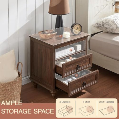 Farmhouse Nightstand with Charging Station, 22" Large End Table with 2 Drawers & Open Shelf, Rustic Wood Square Sofa Side Bedside Table w/4 Solid Wood Feet for Living Room, Bedroom,Walnut