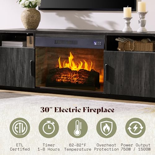 70" Fluted TV Stand with 30" Electric Fireplace, view 4