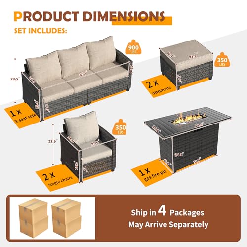 Patio Furniture Set with 44" Fire Pit Table, 6 Pieces Outdoor Sectional Conversation Sets, All-Weather Wicker Rattan Sofa Ottoman with 4" Thick Cushion for Garden Backyard Deck, Khaki
