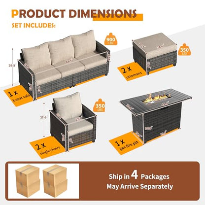 Patio Furniture Set with 44" Fire Pit Table, 6 Pieces Outdoor Sectional Conversation Sets, All-Weather Wicker Rattan Sofa Ottoman with 4" Thick Cushion for Garden Backyard Deck, Khaki
