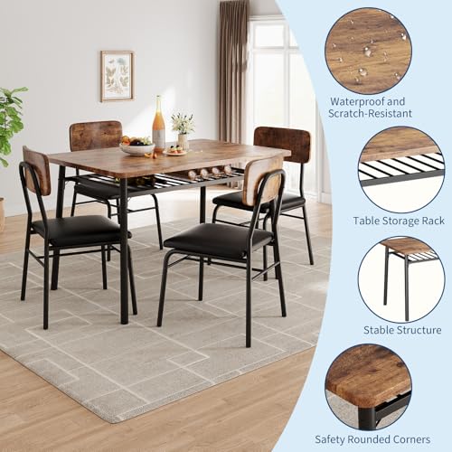 Dining Table Set for 4 with Storage Rack, 5-Piece Kitchen Table and Upholstered Chairs of 4, Wood Tabletop & Heavy-Duty Metel Frame, Dining Room Set for Small Space, Apartment, Brown