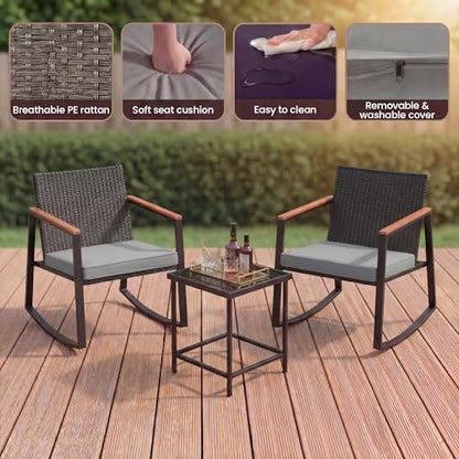 3 Piece Outdoor Patio Wicker Furniture Set, Outdoor Patio Rocking Bistro Set of 2 with Wooden Armrests and Coffee Table for Lawn, Yard, Porch, Balcony (Grey)