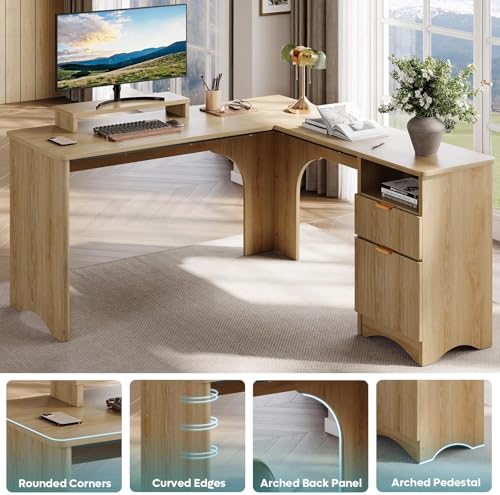 55" L Shaped Desk with Monitor Stand & File Drawer, Natural Oak, view 4