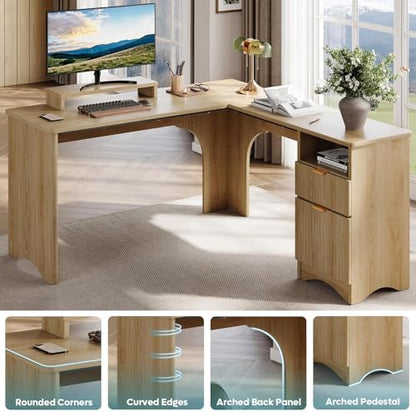 55" L Shaped Desk with Monitor Stand & File Drawer, Natural Oak, view 4