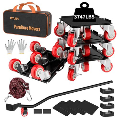 MYUEA Furniture Dolly,Furniture Movers with 5 Wheels,Carbon Steel Panel Heavy Duty Dolly,Maximum Load 3747 LBS,Furniture Lifter with 5 360° Rotatable Rubber Universal Wheels(Black,8.26x7.87 in)