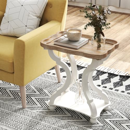 Farmhouse Side Table - Rustic End Table with an Open Shelf & Raised Edge, Accent Table with Distressed White Finish and Solid Wood Legs - Perfect for Living Room, Bedroom, Entryway, White