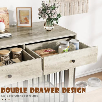 44" Wooden Dog Crate Furniture with Drawers for Large Dogs, Grey, view 6