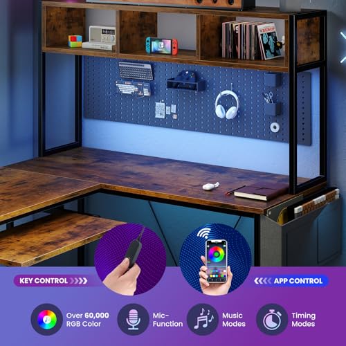 67" L Shaped Gaming Desk, Corner Desk for Compact Spaces with Keyboard Tray & Storage Shelf,Reversible Computer Desk with LED Lighting,Metal Frame PC Gaming Table for Home Office Bedroom,Rustic