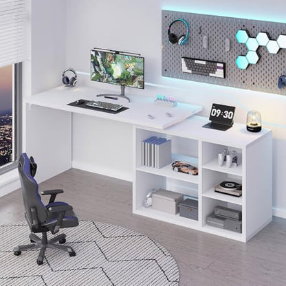 White L Shaped Desk with Shelf, Reversible Modern Home Office Desk Workstation, L Shape Computer Desk with Storage Cabinet Drawer, Industrial Wood Corner Table for Work Study Writing Gaming, 55 In