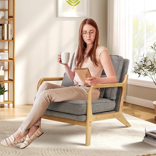Mid Century Modern Accent Chair Set of 2 with Lumbar Pillow, Relaxing Armchair with Solid Wood Frame & Soft Cushion, Reading Leisure Chair for Living Room（Grey）