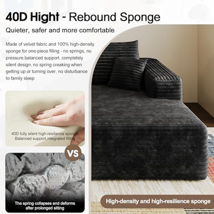 96” L - Shape Boneless Modular Sectional Cloud Couch with Chaise - Modern Comfy Corduroy Compressed couches for Living Room - Memory Foam Sofa, No Assembly Required (Black)