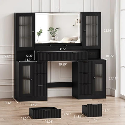 Fluted Makeup Vanity Desk with Mirror and Lights, view 3