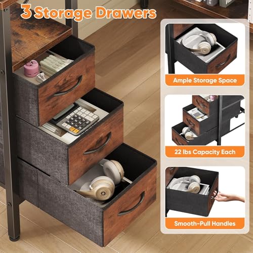 L Shaped Computer Desk, 47 Inch Corner Desk with Drawers and Power Outlets, Home Office Desk for Gaming, Study Writing PC Table with Storage and Reversible Shelf, Rustic Brown