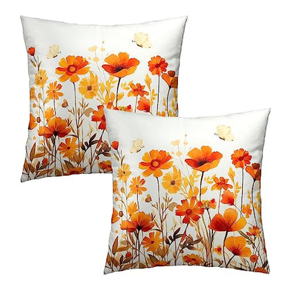 Fall Wildflowers Decorative Pillow Covers 18x18 Inch Set of 2,Thanksgiving Autumn Kitchen Home Decor, Orange Flower Throw Pillows Case,Farmhouse Square Cushion Covers for Sofa Bed Couch