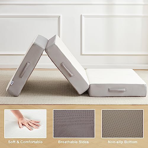Folding Mattress, 6 Inch Memory Foam Tri-fold Mattress with Breathable & Washable Bamboo Fiber Fabric Cover, Foldable Floor Guest Bed for Camping, Road Trip, Twin