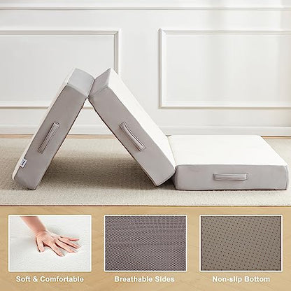 Folding Mattress, 6 Inch Memory Foam Tri-fold Mattress with Breathable & Washable Bamboo Fiber Fabric Cover, Foldable Floor Guest Bed for Camping, Road Trip, Twin