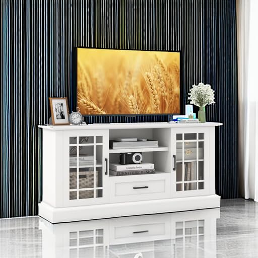 Farmhouse TV Stand for TV up to 65 70 Inches, Tall Media Console Table with 2 Glass Storage Cabinets, 1 Drawer & 2 Open Shelves, Wooden Entertainment Center for Living Room (White)