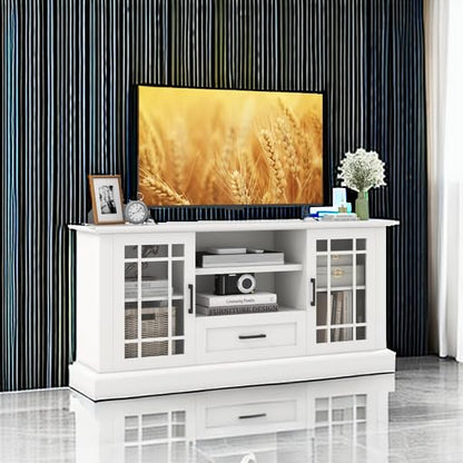 Farmhouse TV Stand for TV up to 65 70 Inches, Tall Media Console Table with 2 Glass Storage Cabinets, 1 Drawer & 2 Open Shelves, Wooden Entertainment Center for Living Room (White)