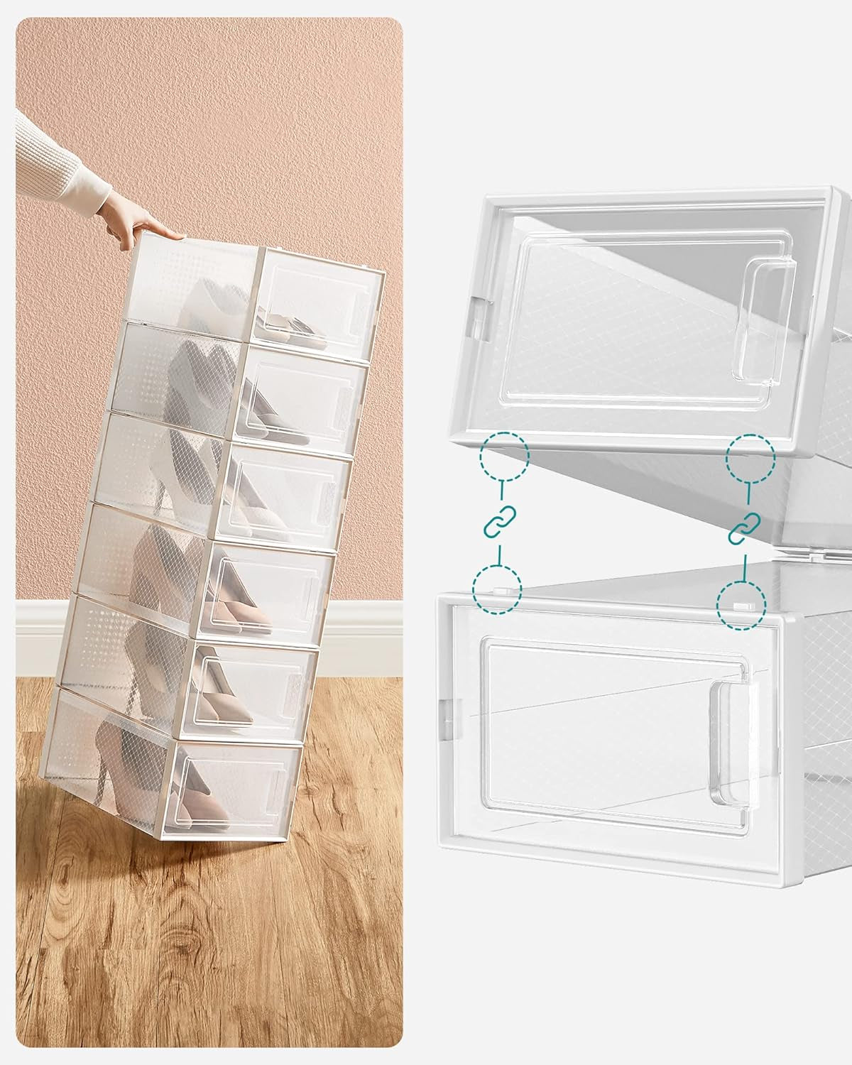 - Shoe Boxes - Pack of 8 Foldable and Stackable Shoe Bins/Organizers, up to Size 44, Clear and White, LSP08SWT
