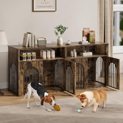78.7" Double Dog Crate Furniture, Dog Kennel with Storage, Brown, view 2