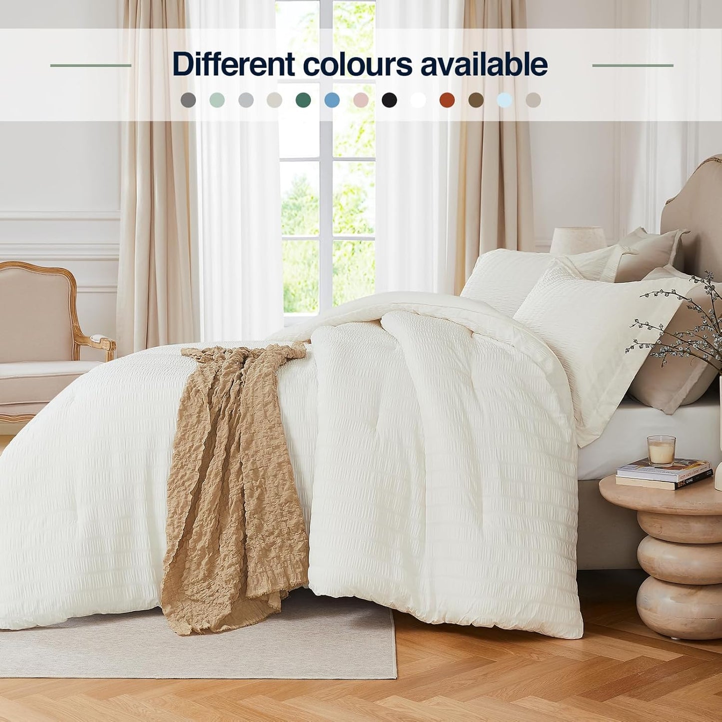 Beige Queen Comforter Set - 3 Pieces Seersucker Lightweight Bedding Comforter Sets (1 Soft Fluffy Comforter & 2 Pillowcases) - All Seasons Cozy Farmhouse Bed Sets for Women Men