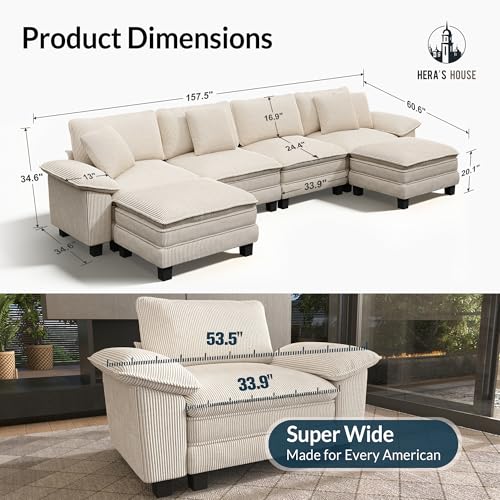 158" Oversized Modular Sectional U Shaped Sofa, Corduroy Beige | 6-Seater Living Room Couches, Wider Armrest and Deep Seat, Comfy Cloud Couch with Ottoman, Wood Sturdy Frame