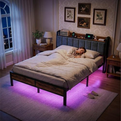 Queen Bed Frame Storage Headboard with Lights, view 8