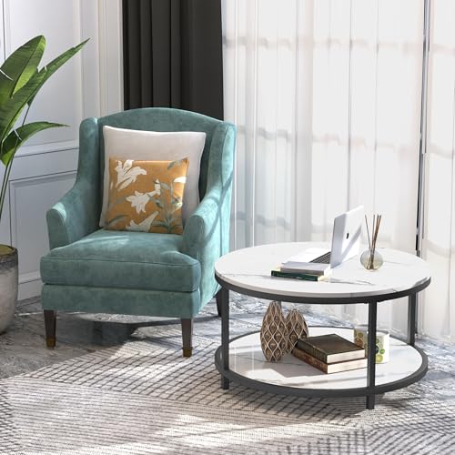 Round Coffee Table 33.5" Coffee Tables for Living Room High Glossy Faux White Marble Top Modern Circle Table Sturdy Metal Frame Legs Cocktail Table with Storage Open Shelf