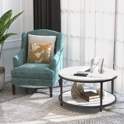 Round Coffee Table 33.5" Coffee Tables for Living Room High Glossy Faux White Marble Top Modern Circle Table Sturdy Metal Frame Legs Cocktail Table with Storage Open Shelf