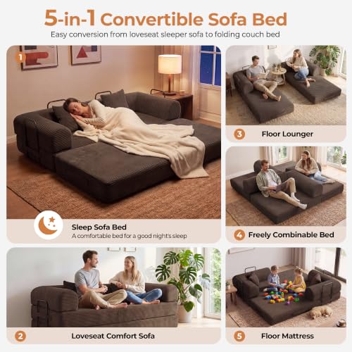 79'' Convertible Sofa Bed, Folding Sleeper Couch with Pull Out Bed, Modular Floor Couch with Cushions, Corduroy Sofa for Apartment Living Room Bedroom Guest Room Use, No Assembly (Brown)