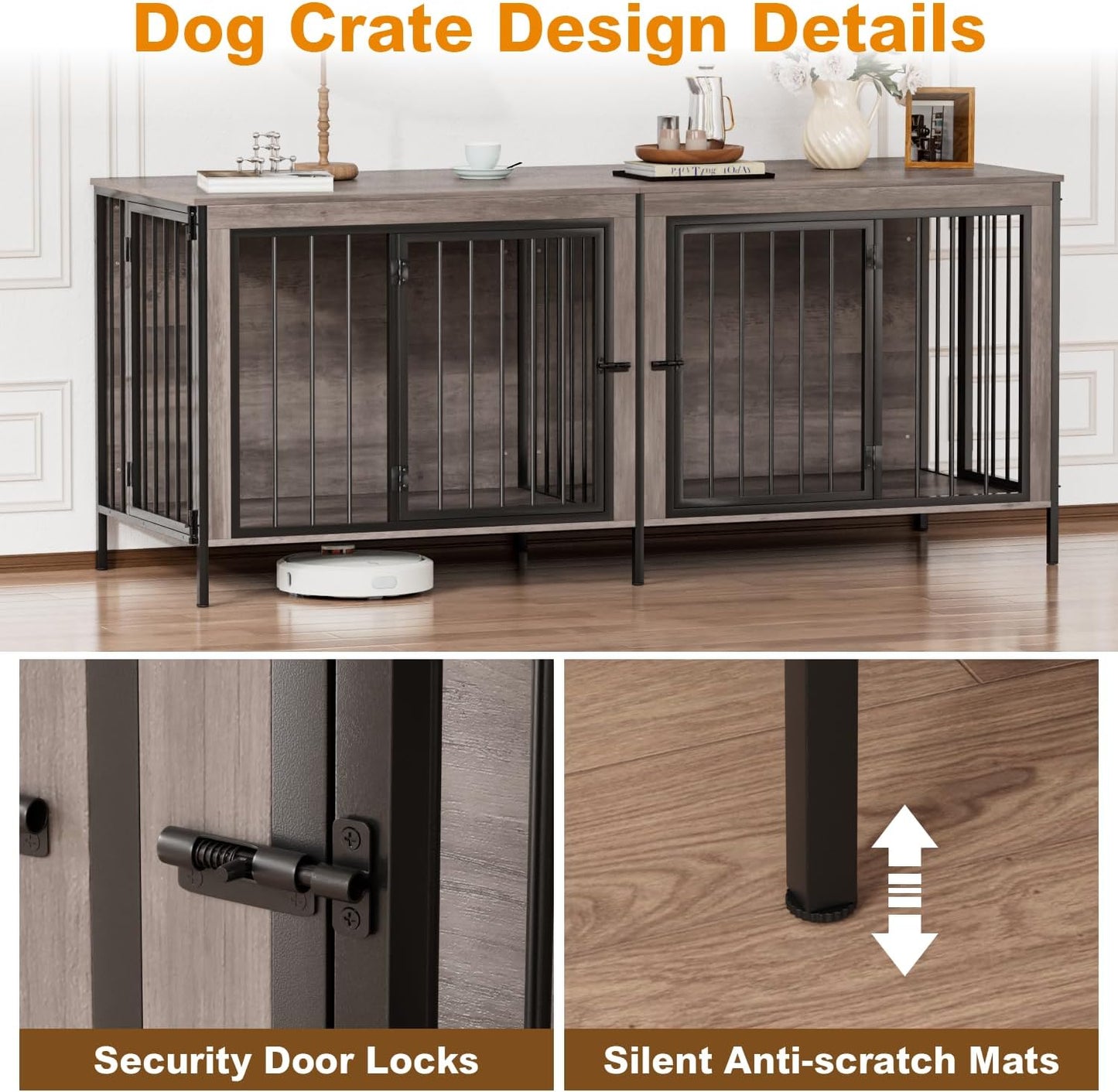 Dog Crate Furniture for 2 Dogs, 78" Double Dog Kennel Furniture Indoor for Large Dogs, XXL Wooden Furniture Dog Crate with Divider, Dog Kennel Dog Crates TV Stand, Grey