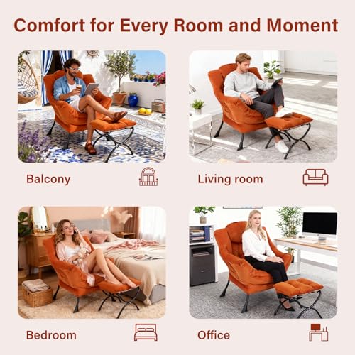 Lazy Chair with Ottoman, Modern Accent Chair Contemporary Sofa Chair with Armrests, Reading Chair and Folding Footstool Set for Living Room, Bedroom, Orange