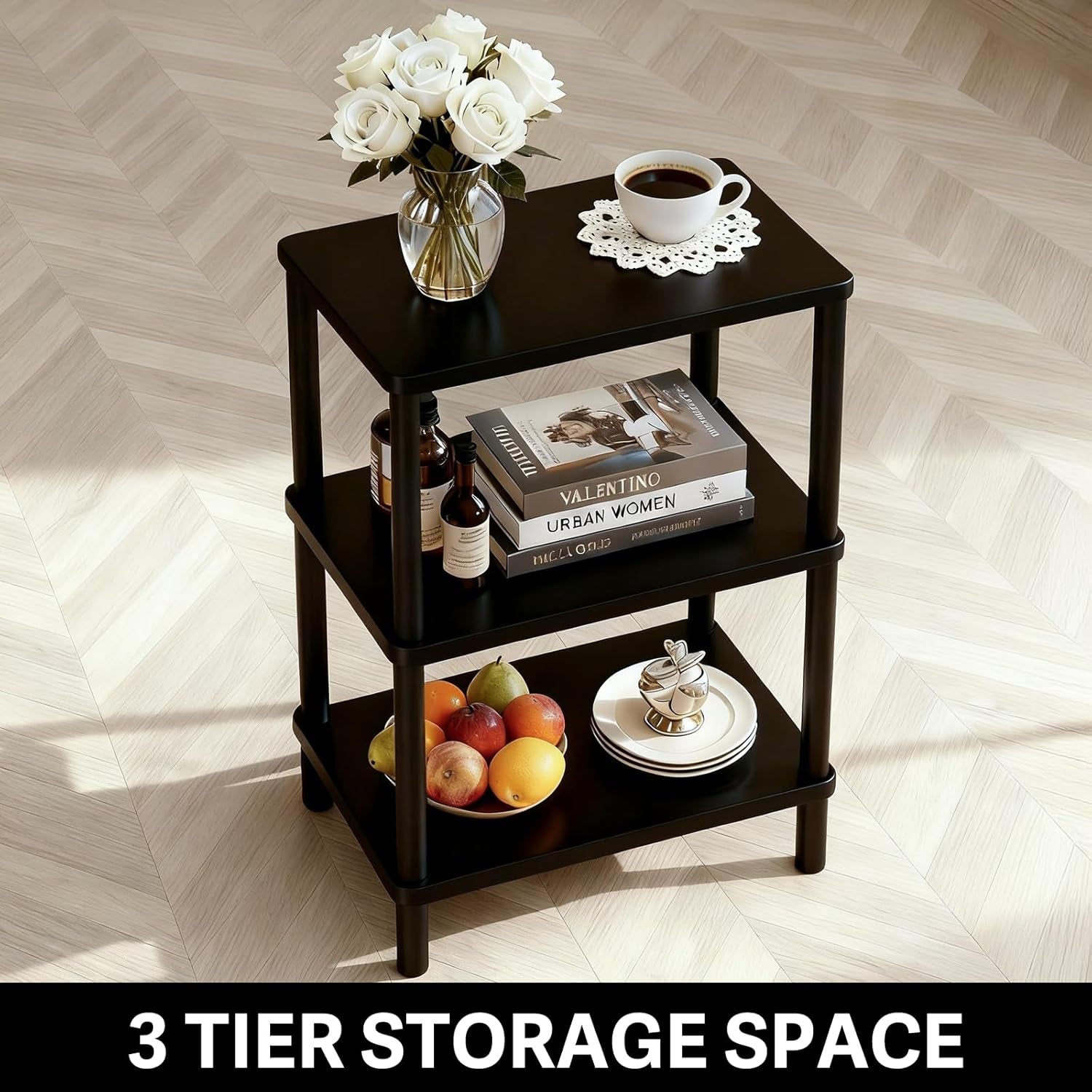 3 Tier Black Side Table ，Small End Table with Solid Wood Legs，28' Tall Bedside Table with Storage Shelf，Nightstand for Small Spaces，Living Room,Bedroom，Bathroom,No Tool Installation