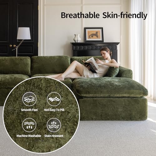 115''Cloud Sectional Couch for Living Room, Modern L-Shape Sofa with Ottoman, Oversized Convertible 3 Seater Modular Couches, Forest Green