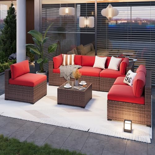 Patio Furniture Sets, 7-Piece Outdoor Patio Furniture with Thick Cushions, Wicker Outdoor Conversation Set Sectional Sofa for Backyard, Poolside, Garden