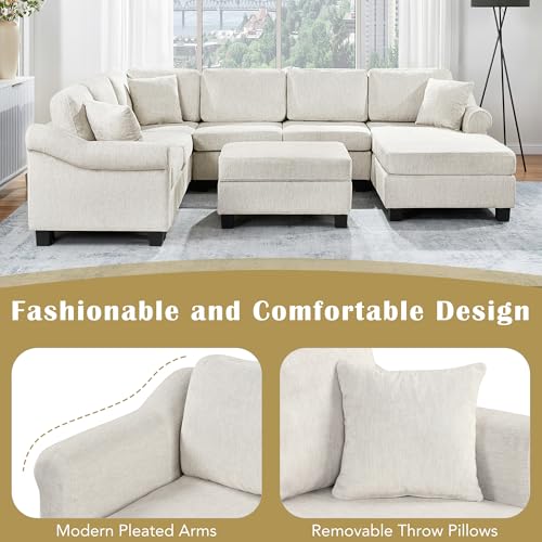 Sectional Sofa 111.8" U Shaped Sofa Chenille Upholstered Sofa Couch with Movable Storage Ottoman for Living Room, White