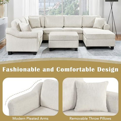 Sectional Sofa 111.8" U Shaped Sofa Chenille Upholstered Sofa Couch with Movable Storage Ottoman for Living Room, White
