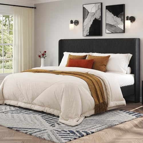 Queen Bed Frame, Upholstered Platform Bed with Corduroy Headboard, Black, view 2