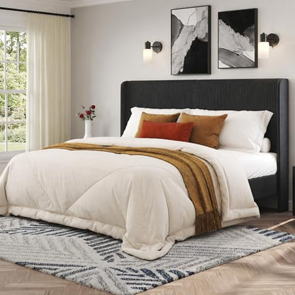 Queen Bed Frame, Upholstered Platform Bed with Corduroy Headboard, Black, view 2