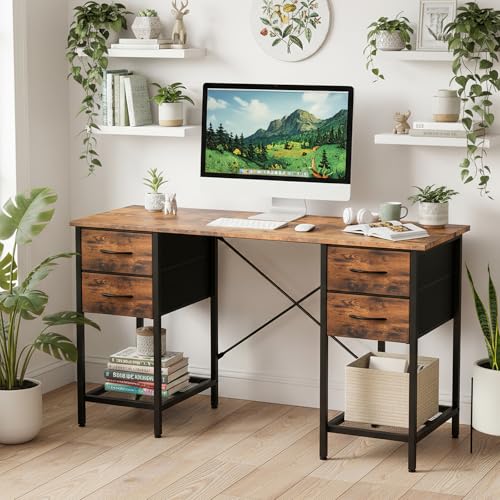 Computer Desk with Drawers, 55 Inch Home Office Bedroom Table with 4 Fabric Drawers & 2 Mesh Storage Shelves, Wood Table with X-Shaped Structure for Writing Study PC Desk, Brown