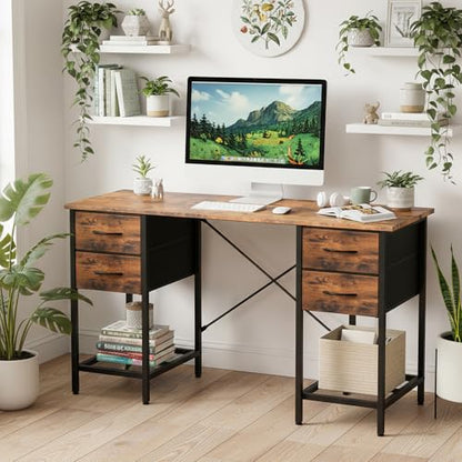 Computer Desk with Drawers, 55 Inch Home Office Bedroom Table with 4 Fabric Drawers & 2 Mesh Storage Shelves, Wood Table with X-Shaped Structure for Writing Study PC Desk, Brown