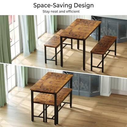 Dining Table Set for 4, 3-Piece Kitchen Table with 2 Benches, Space-Saving Dining Room Set for Breakfast Nook and Small Spaces, Brown