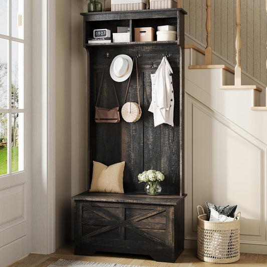 4-In-1 Hall Tree with Storage Bench, 71" Entryway Bench with Coat Rack & Storage Cabinet, Mud Room Organization with Seating, 5 Hooks, Retro Accent Coat Tree for Living Room, Rustic Dark Brown
