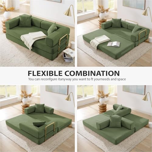Convertible Folding Sofa Bed, Modern Futon Sleeper Sofa Fold Out Couch Bed with Gold Fixed Frame, Modular Floor Sofas Comfy Corduroy Boneless Couches for Living Room (78" Green)