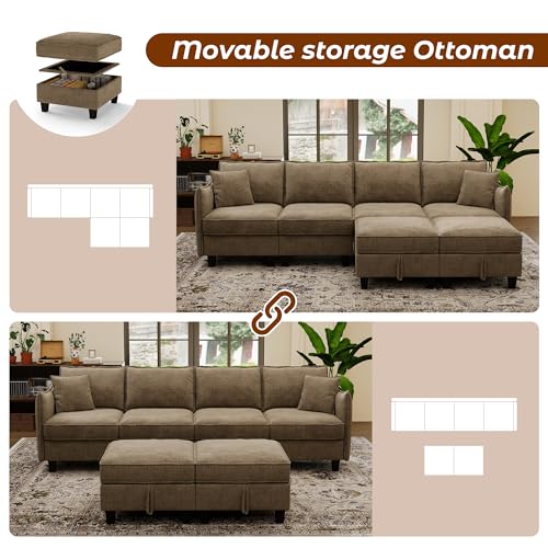 112" Modular Sectional Sofa U Shape Couches with Storage Ottoman and Washable Cushion Cover for Living Room, Bedroom, Apartment(Brown)
