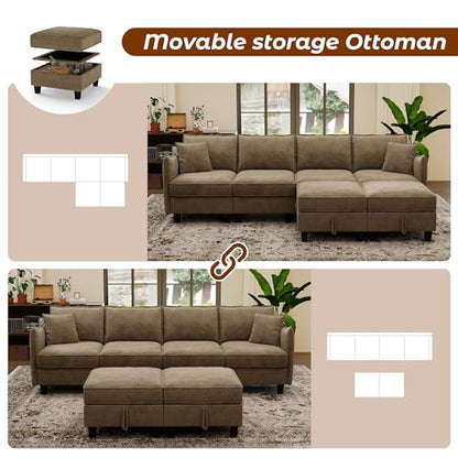 112" Modular Sectional Sofa U Shape Couches with Storage Ottoman and Washable Cushion Cover for Living Room, Bedroom, Apartment(Brown)